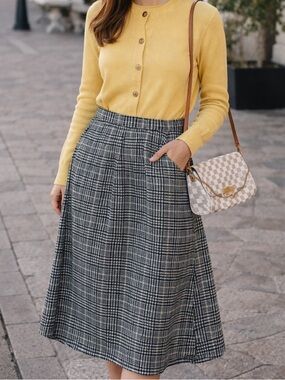 Vintage Handmade Wool Glen Plaid Button Front A-Line Midi Skirt